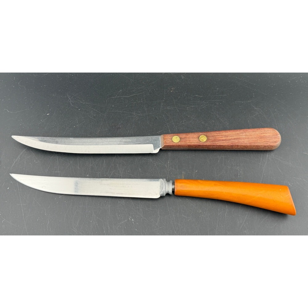 Vintage Burns Mfg Co Serrated & Robinson Ground Stainless Knife Set, Wood Handle